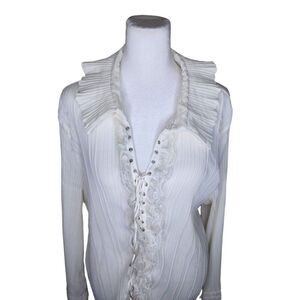 Vintage 90s Long Sleeve Boho Lace Up Peasant Poet Blouse Shirt Womens 2XL White